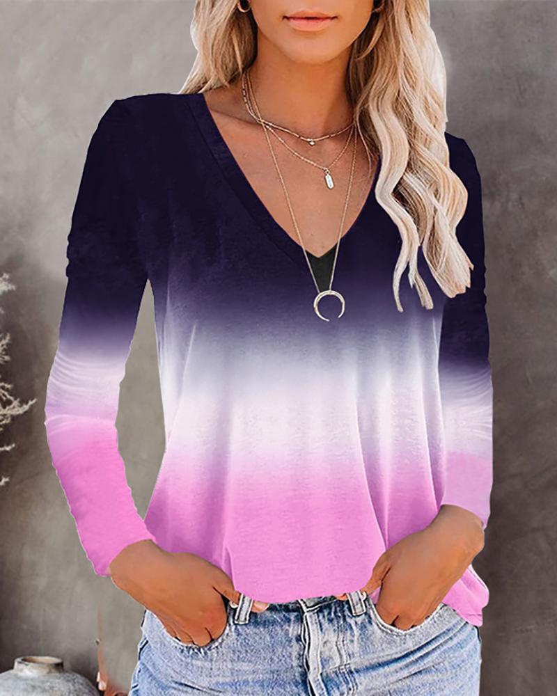 

Long Sleeve V Neck Ombre Colorblock Top, Pink