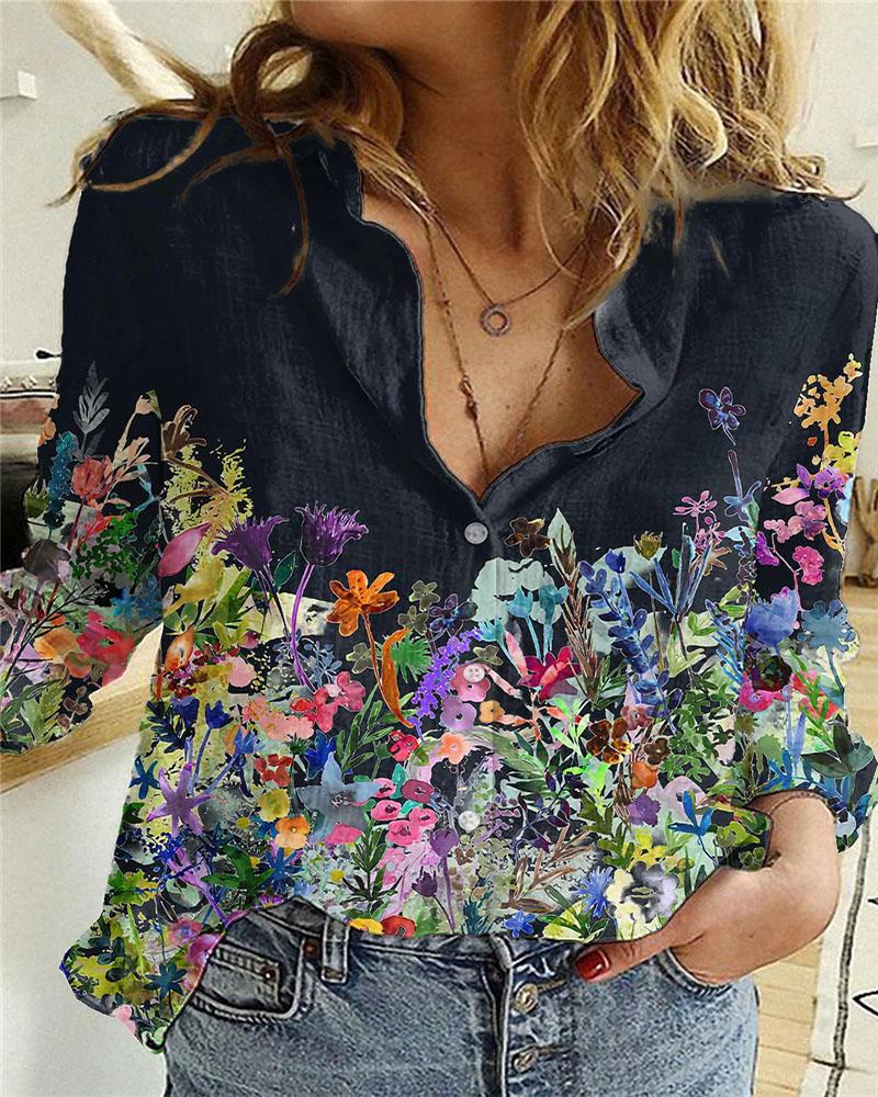 

Floral Print Long Sleeve Buttoned Shirt, Black