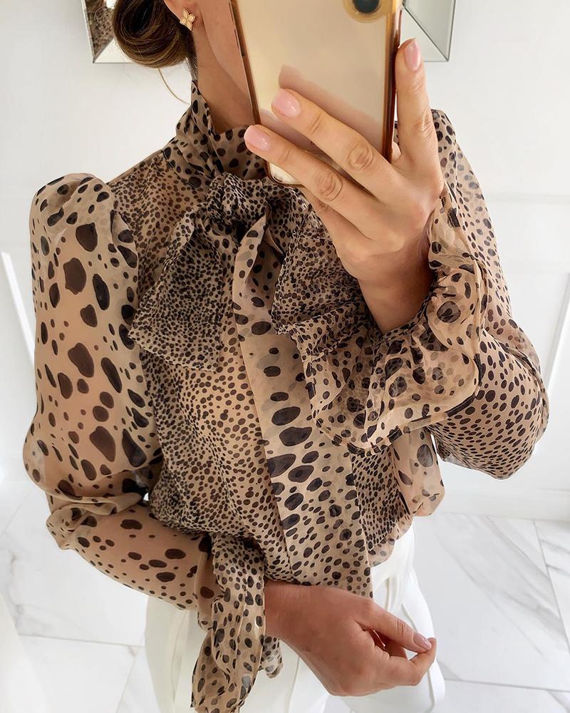 

Leopard Print Tie Neck Puff Sleeve Top