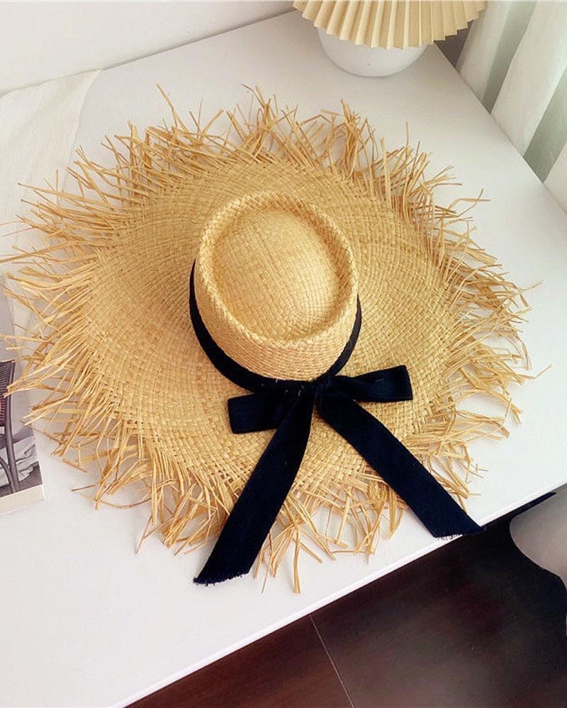 

Wide Brim Raw Hem Bowknot Decor Straw Hat, Black