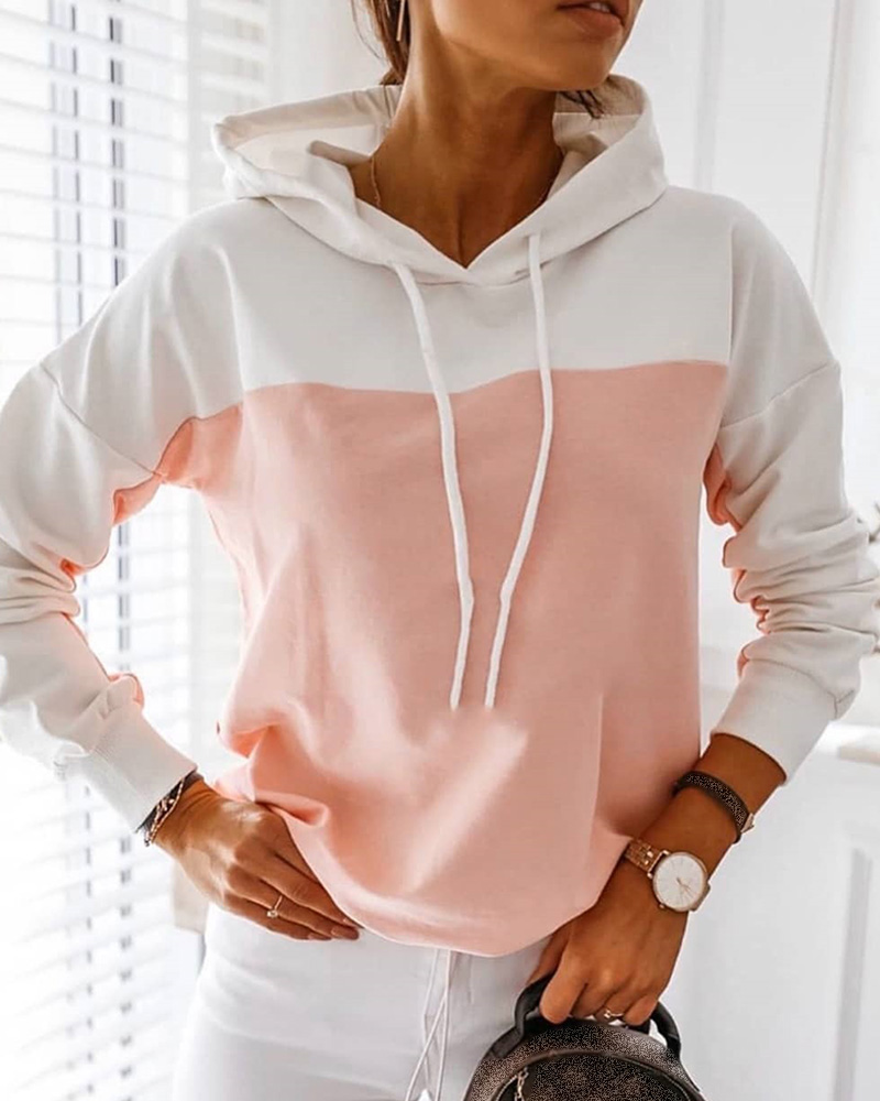 

Colorblock Hooded Casual Sweatshirt, Pink