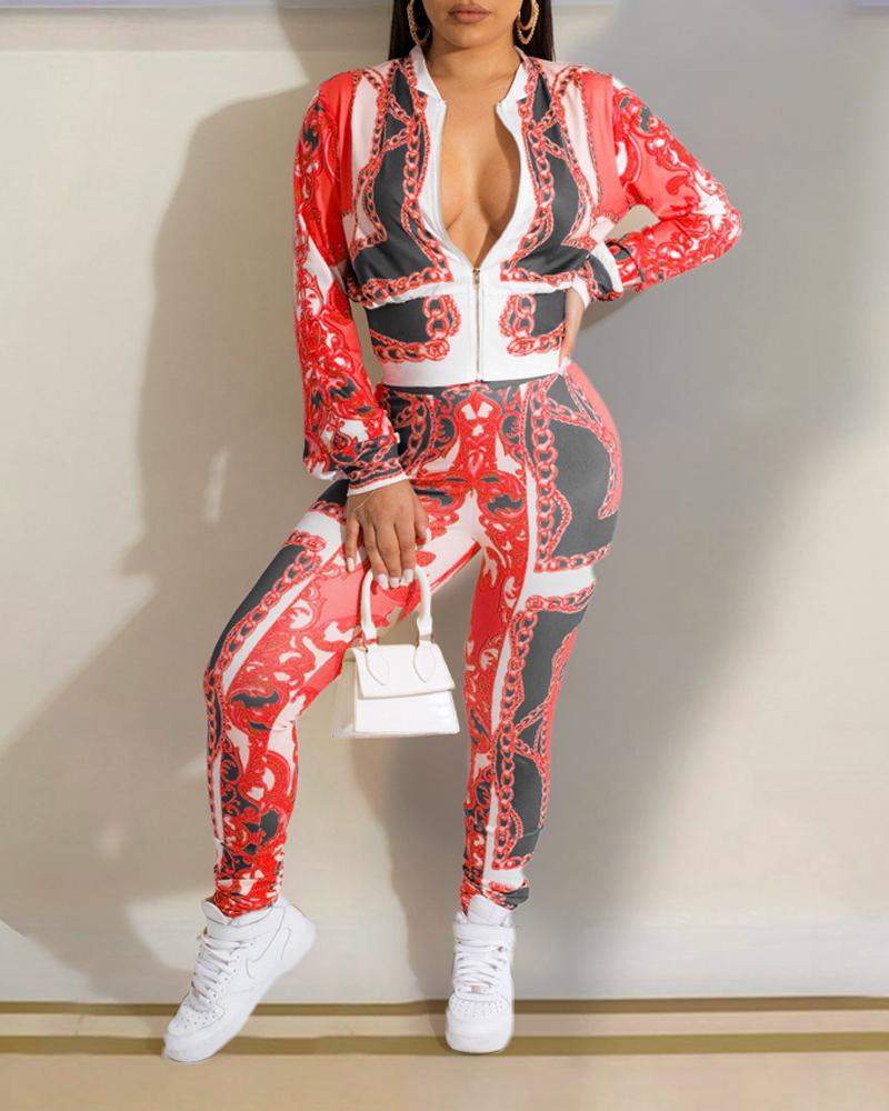 

Scarf Chain Baroque Print Zip Up Top & Pants Set, Red