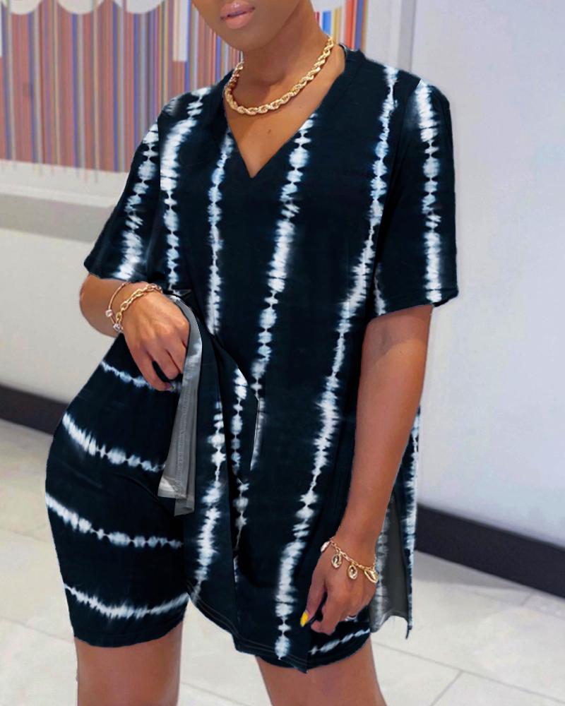 

Tie Dye Print Short Sleeve Slit Top & Shorts Set, Black
