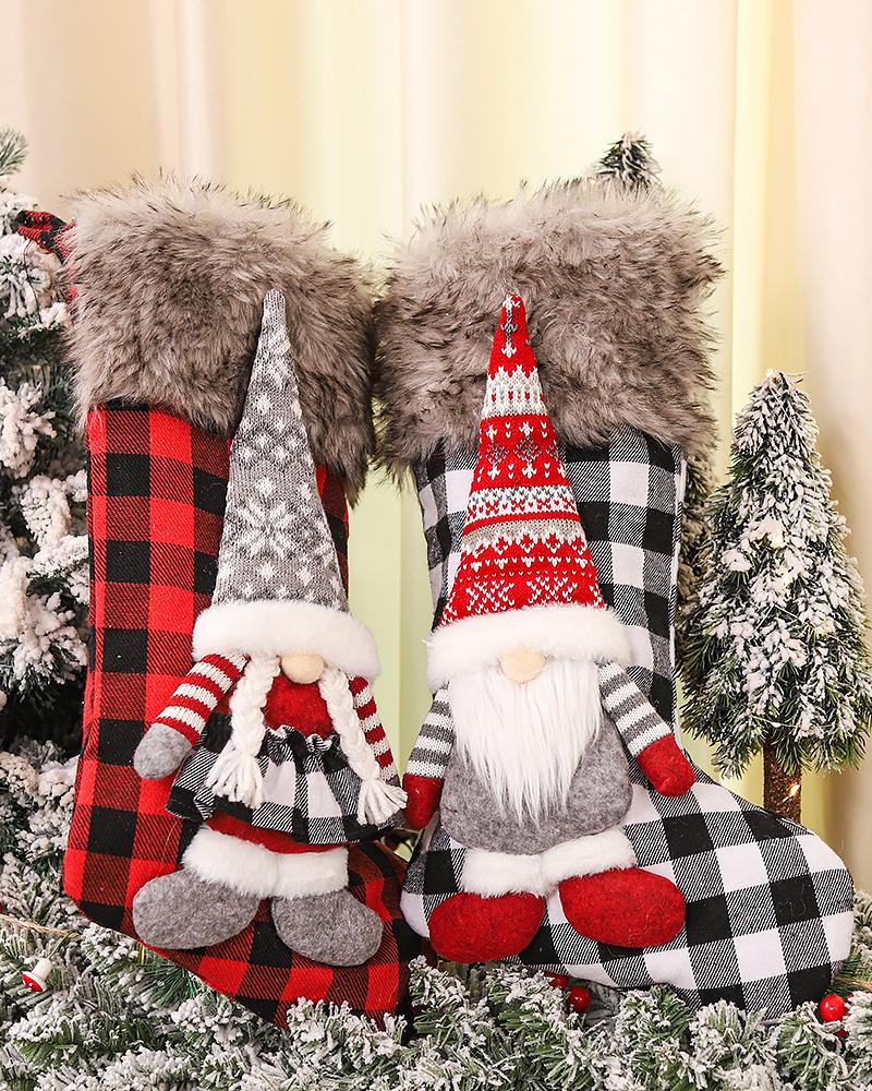 

Christmas Plaid Print Gnomes Svg Stockings Hanging Ornaments, Red