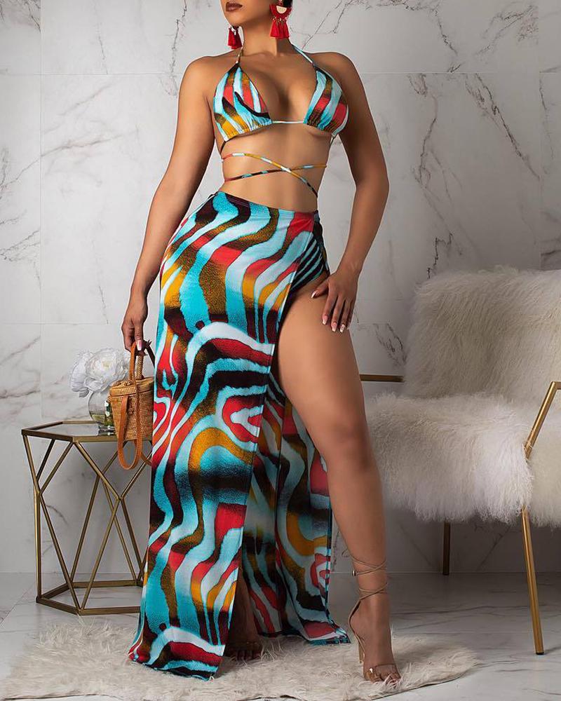 

3PCS Animal Pattern Print Halter Backless Bikini Set With Cover Up, Green