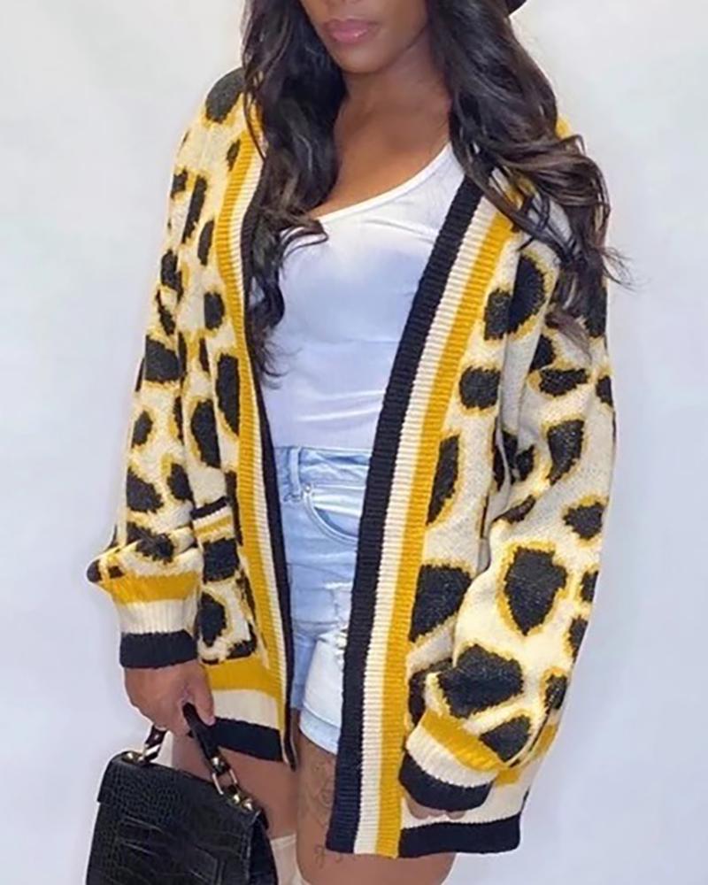 

Leopard Print Stripe Knitting Cardigan Coat, Yellow