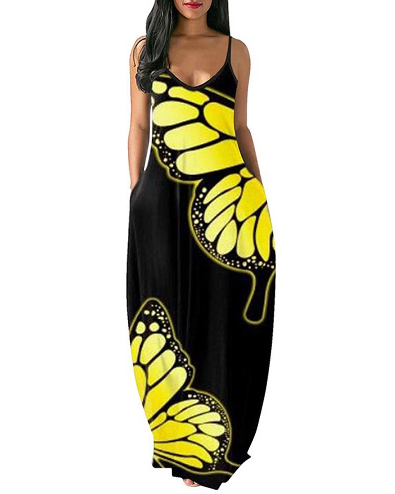 

Pocket Design Butterfly Print Backless Maxi Dress, Yellow
