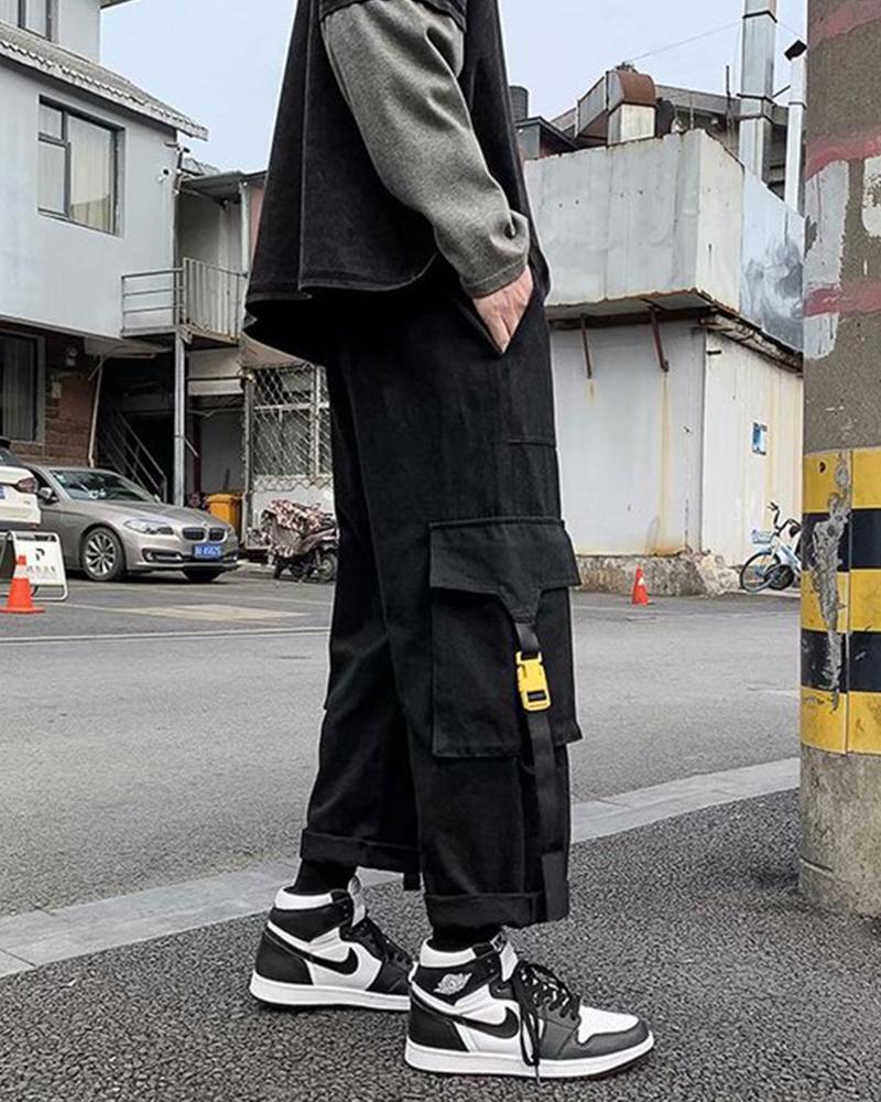 

Solid Buckle Patch Pockets Cargo Pants, Black