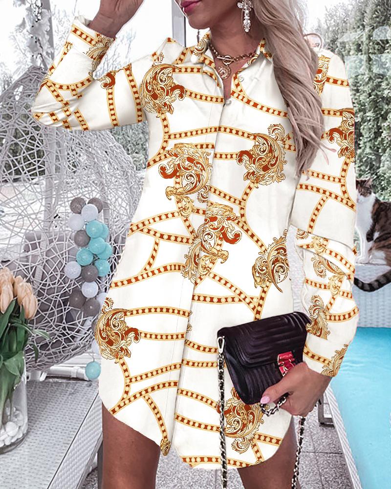 

Baroque Print Long Sleeve Shirt Dress, White