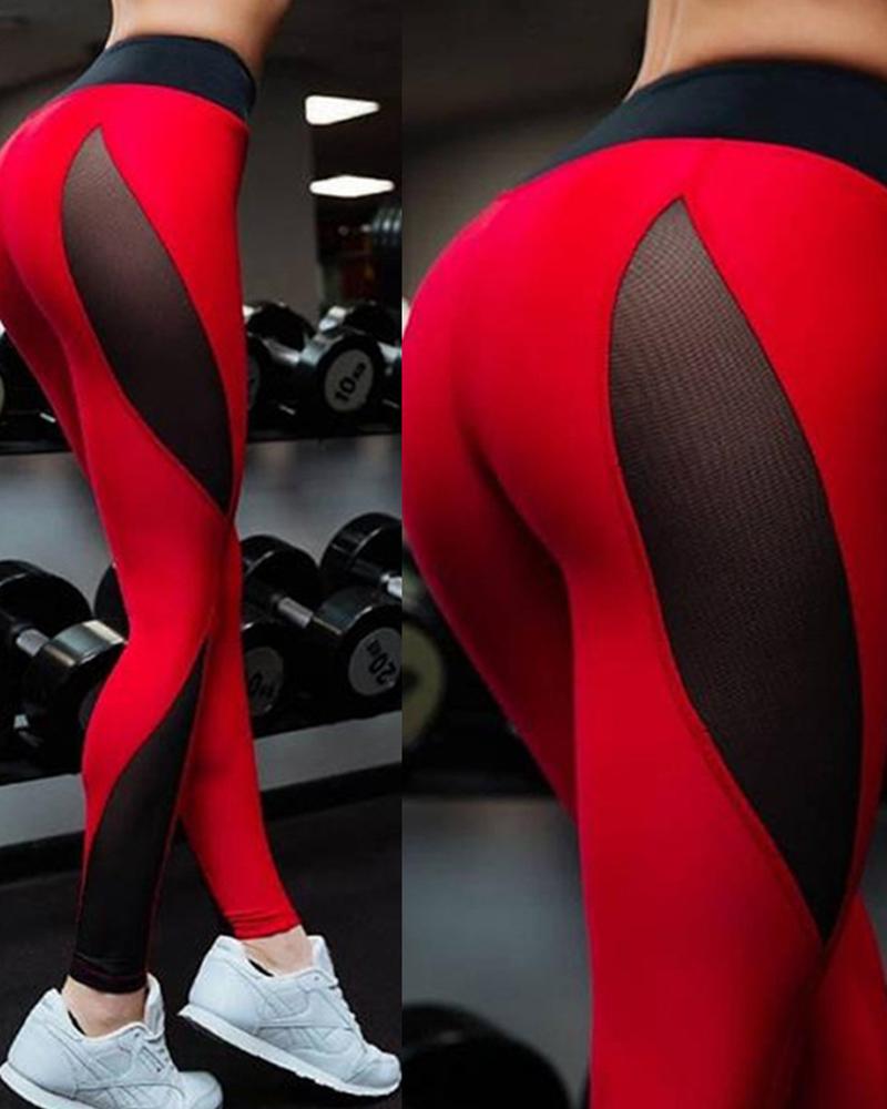 

Sheer Mesh Colorblock High Waist Leggings, Red