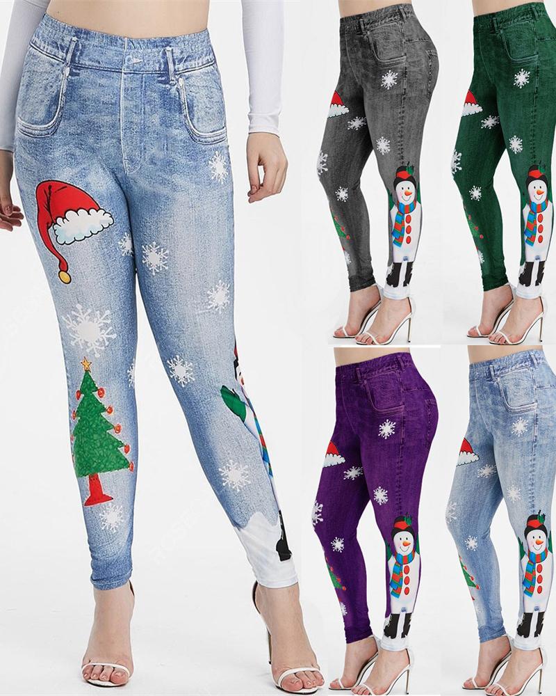 

Christmas Snowman / Tree / Snowflake Print Skinny Pants, Light blue