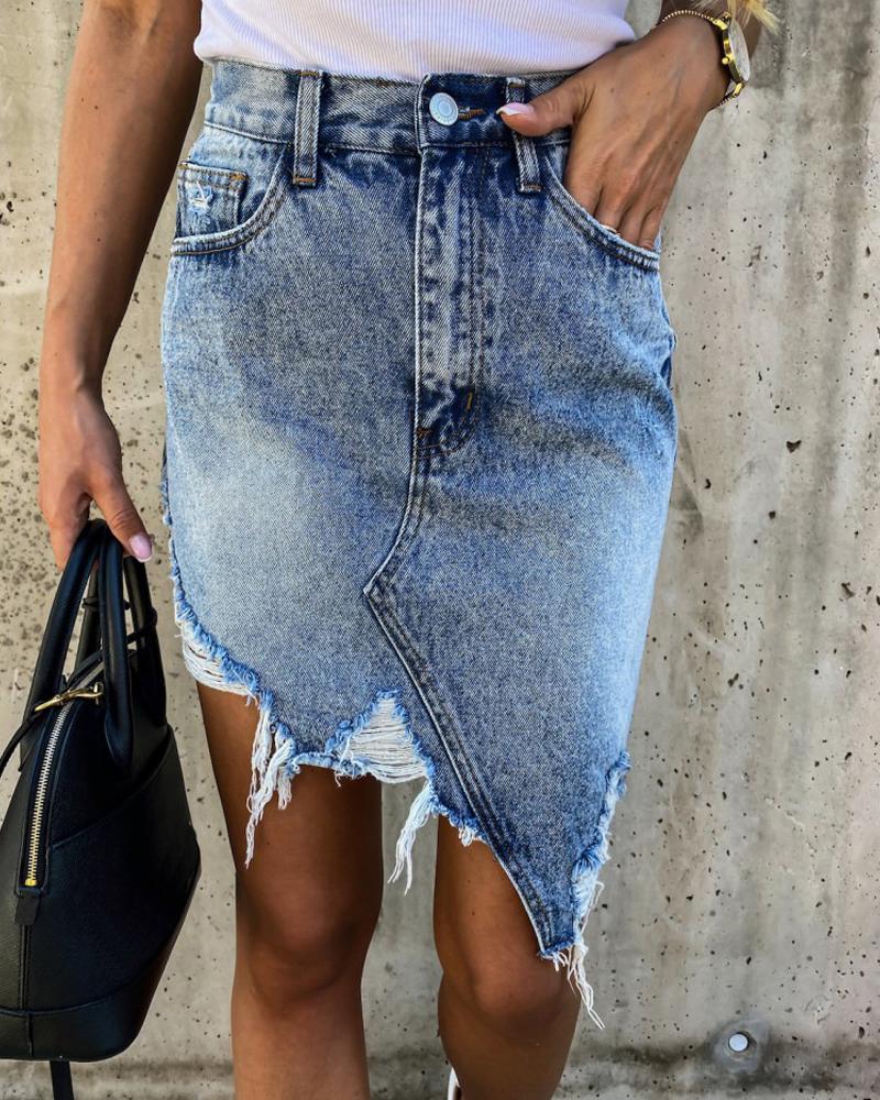 

Zipper Fly Ripped Raw Hem Asymmetrical Denim Skirt, Blue