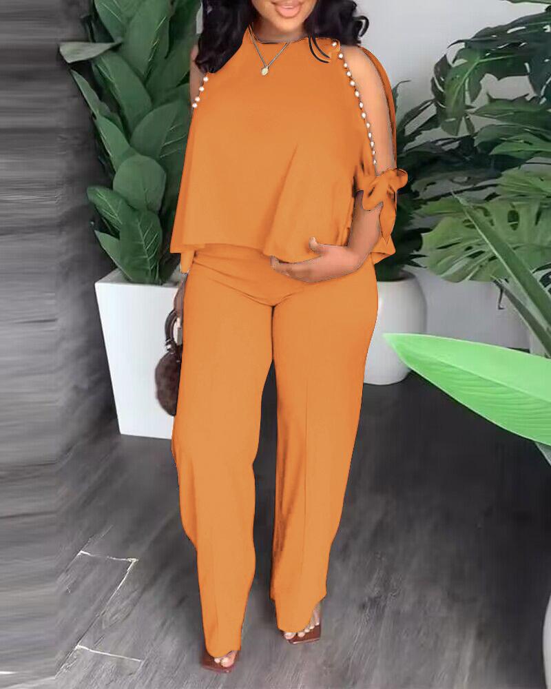 

Plus Size Pearls Split Sleeve Top & Pants Set, Orange