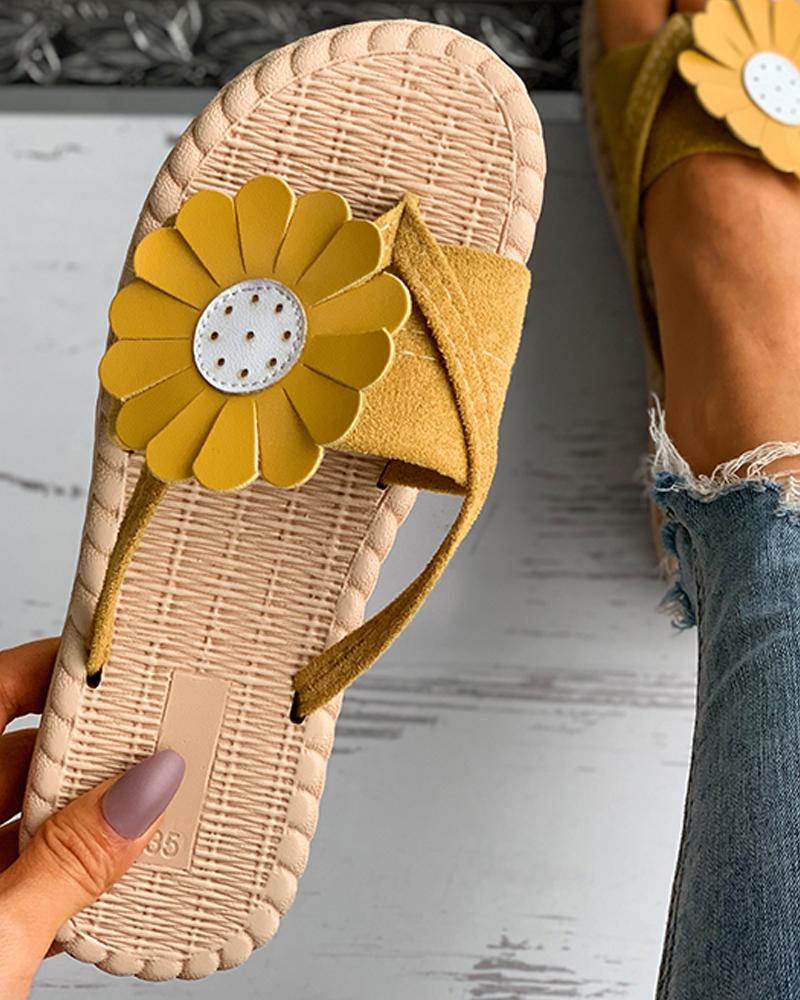 

Daisy Pattern Suede Woven Flax Flat Sandals, Yellow