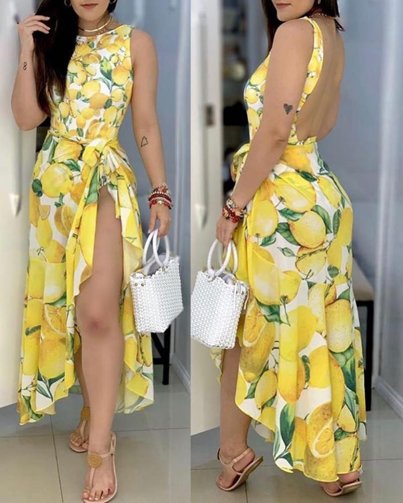 

Fruits Print Backless One Piece Swimsuit With Cover Up, Yellow