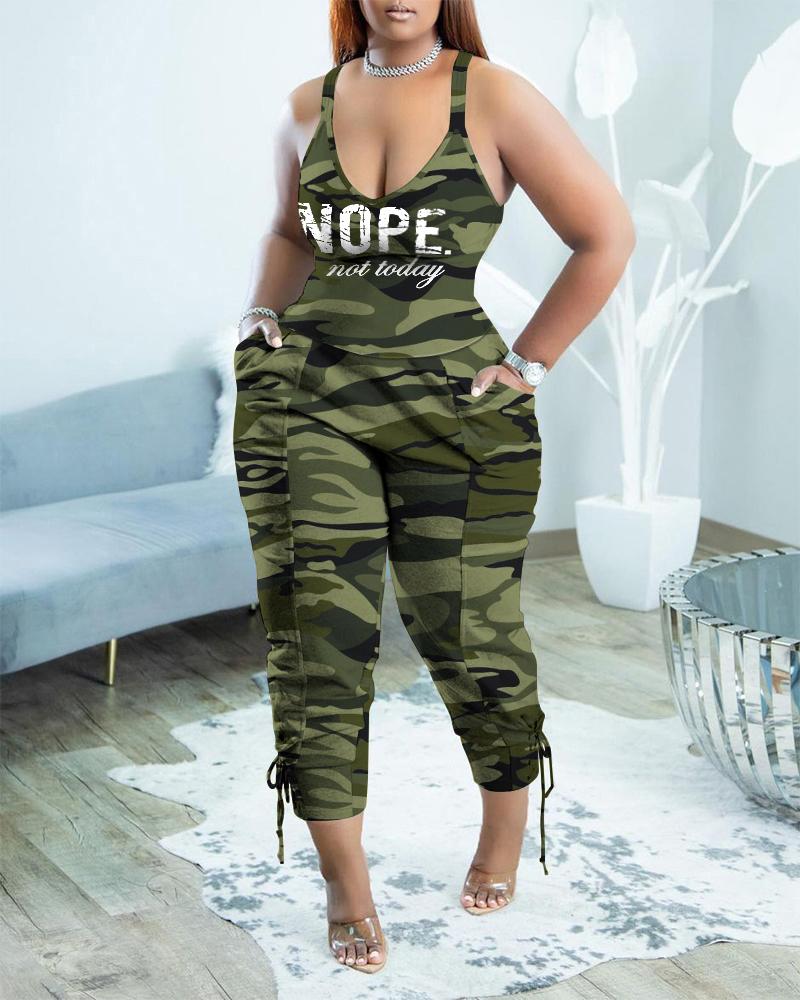 

Camo Letter Print Lace-up Design Sleeveless Jumpsuit, Camoflage