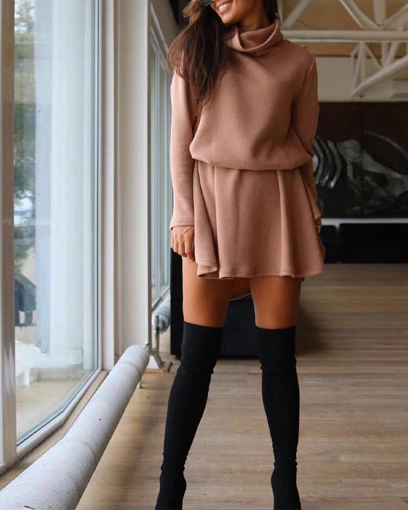 

Chocolate Turtleneck Long Sleeve Casual Dress