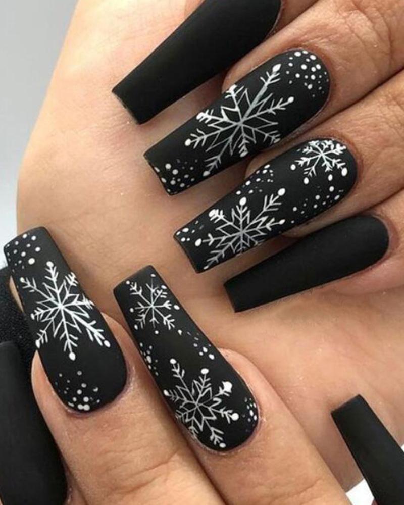 

24pcs Christmas Snowflake Press On Matte Fake Coffin Nails Set, Black