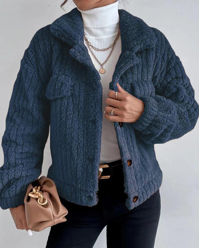 

Long Sleeve Button Front Teddy Coat, Blue