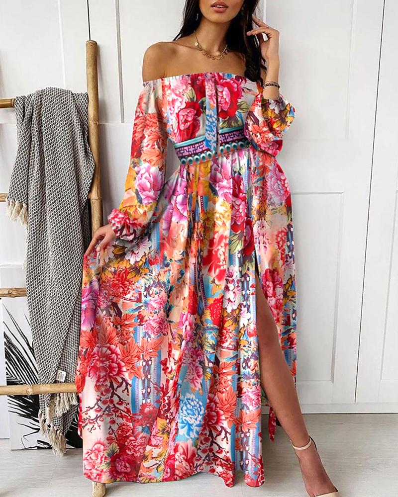 

Off Shoulder Floral Print Slit Maxi Dress, Red