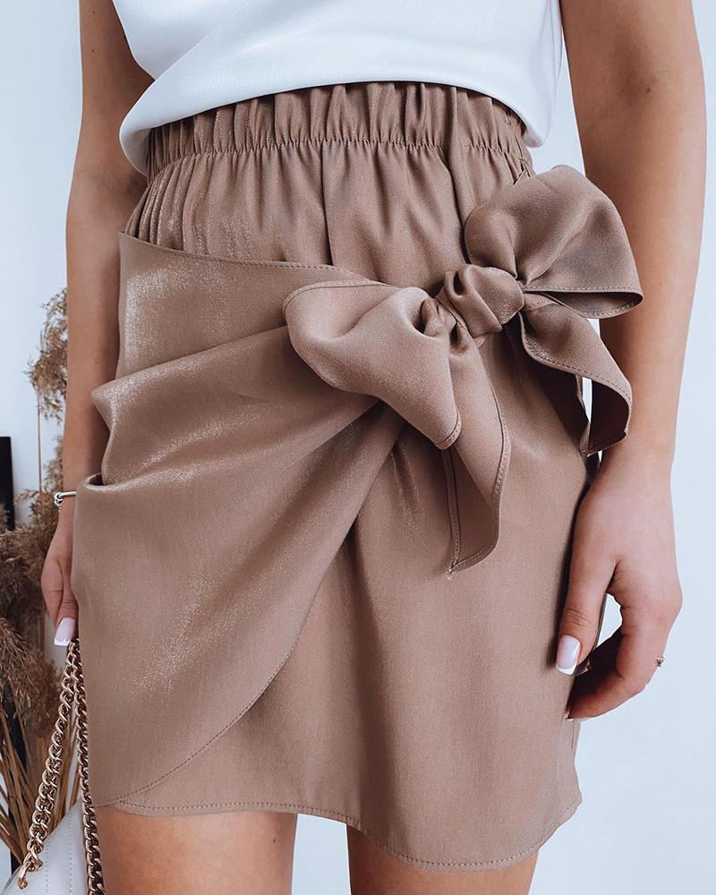

Bowknot Decor Shirring Detail Casual Shorts, Apricot