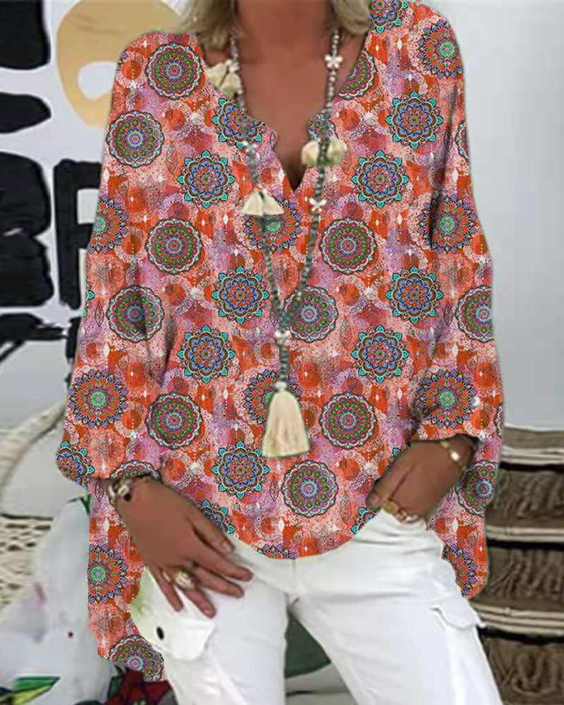 

V-Cut Geo Pattern Print Lantern Sleeve Top, Pink