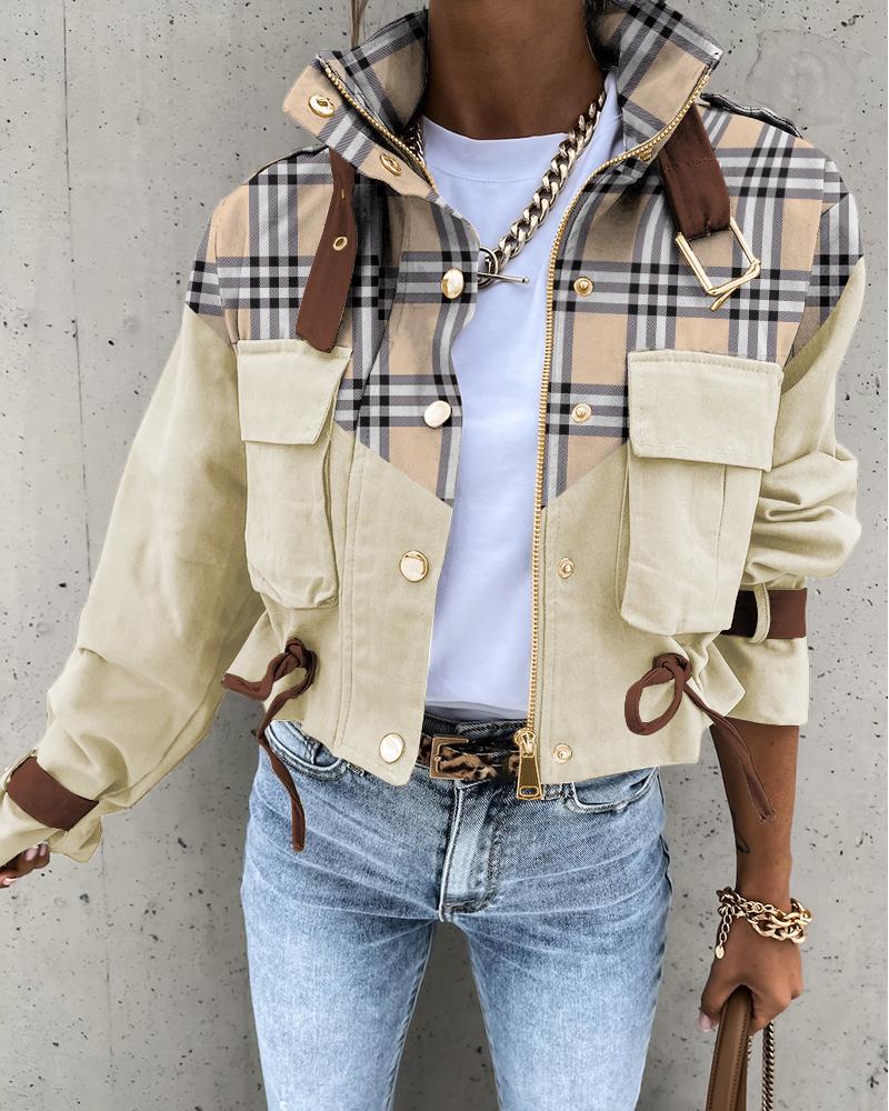 

Contrast Plaid Long Sleeve Zip Up Biker Jacket, Apricot