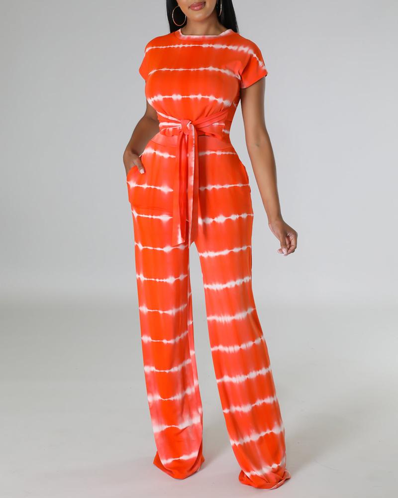 

Tie Dye Print Tied Detail Top & Wide Leg Pants Set, Orange