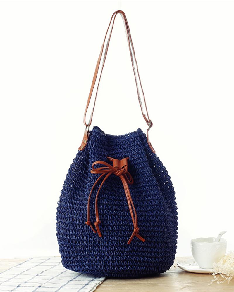 

Braided Drawstring Casual Bucket Beach Bag, Blue