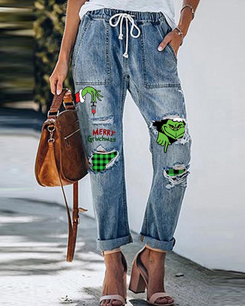 

Christmas Graphic Print Ripped Drawstring Jeans, Blue
