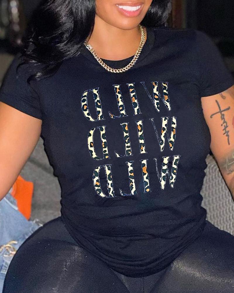 

Colorful Letter Print Short Sleeve T-shirt, Black