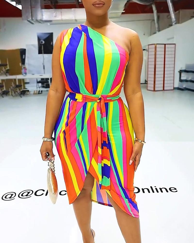 

Striped Colorblock One Shoulder Wrap Dress, Multicolor