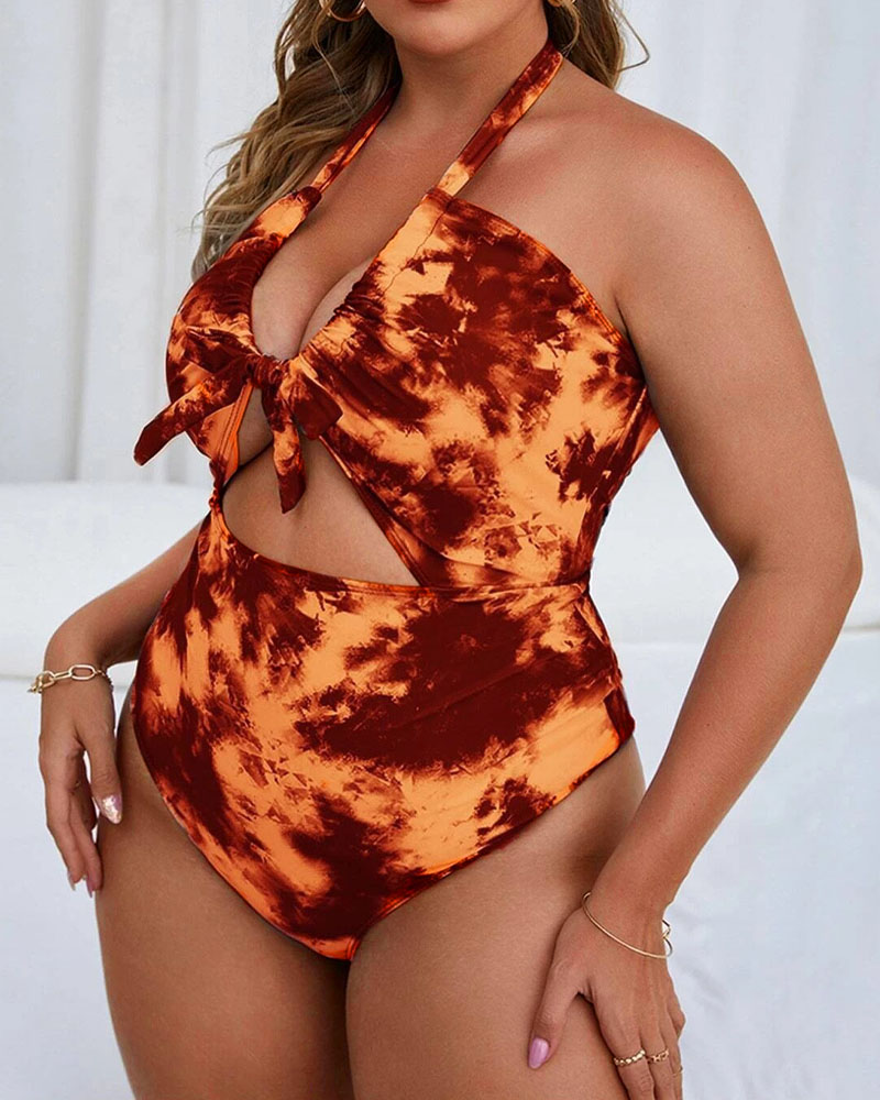 

Plus Size Tie Dye Print Cutout Halter One-Piece Swimsuit, Orange