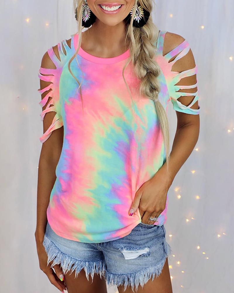 

Tie Dye Print Cutout Short Sleeve T-shirt, Pink