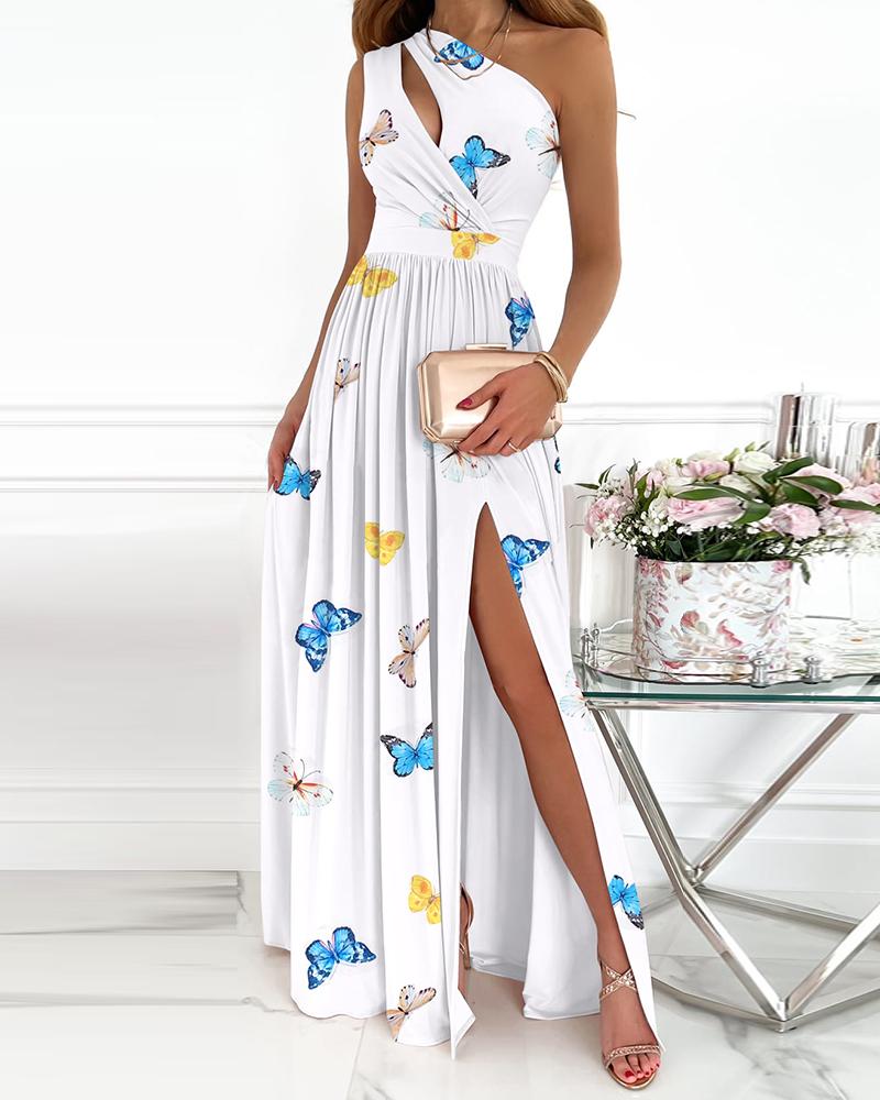 

Butterfly Print Cutout High Slit Maxi Dress, White