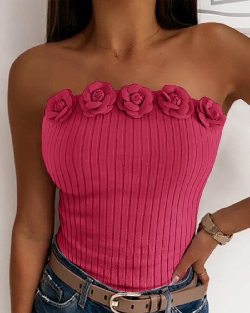 

Floral Pattern Bandeau Casual Knit Top, Hot pink