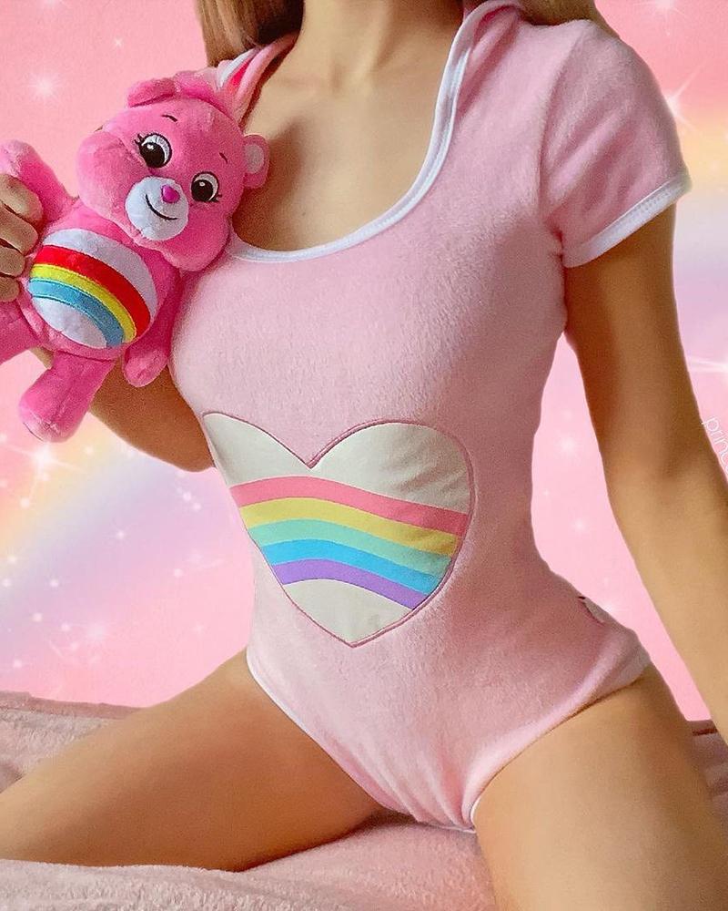

Heart Rainbow Print 3D Ear Hooded Onesie, Pink