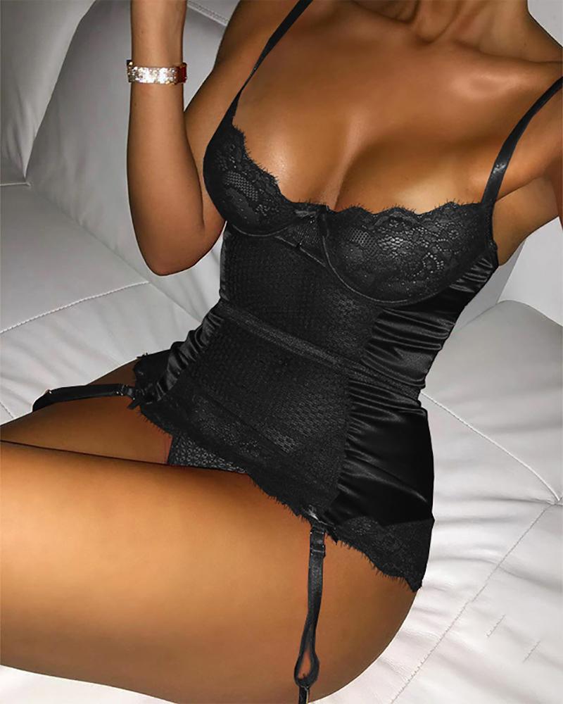 

Eyelash Crochet Lace Satin Babydoll With Panty, Black