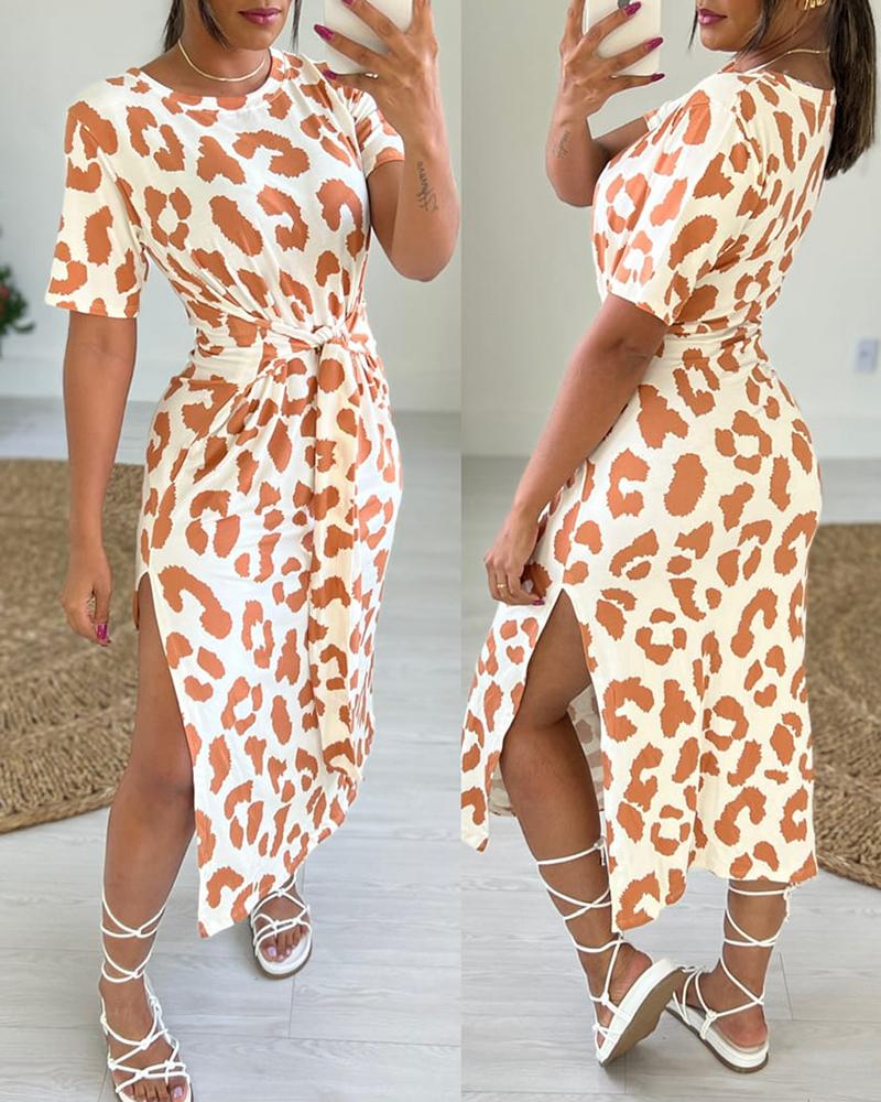 

Leopard Print Knotted Slit Casual Dress, Light brown