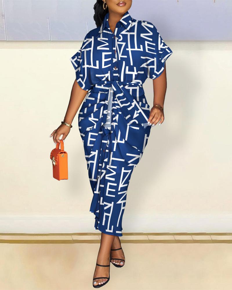 

Letter Print Ruched Button Down Shirt Dress, Blue