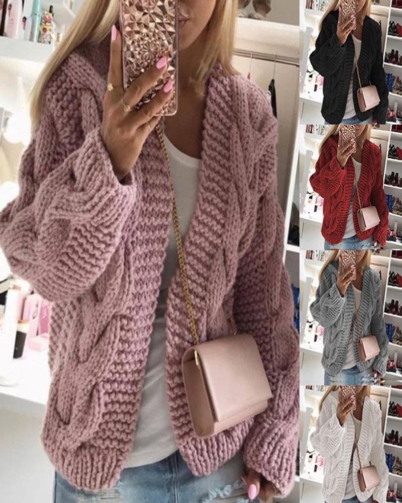

Long Sleeve Braided Knit Casual Cardigan, Pink