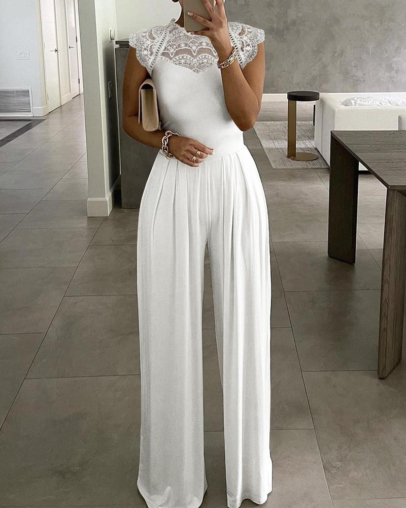 

Crochet Lace Patch Short Sleeve Jumpsuit, White