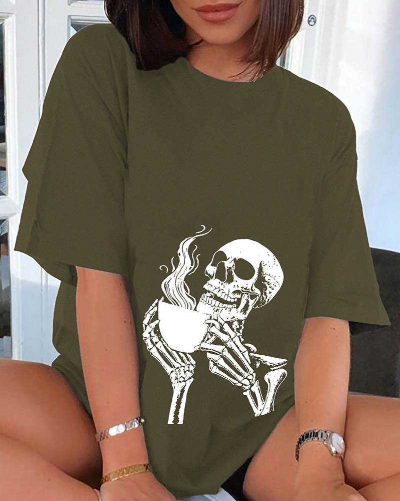 

Halloween Skeleton Print Casual T-shirt, Army green