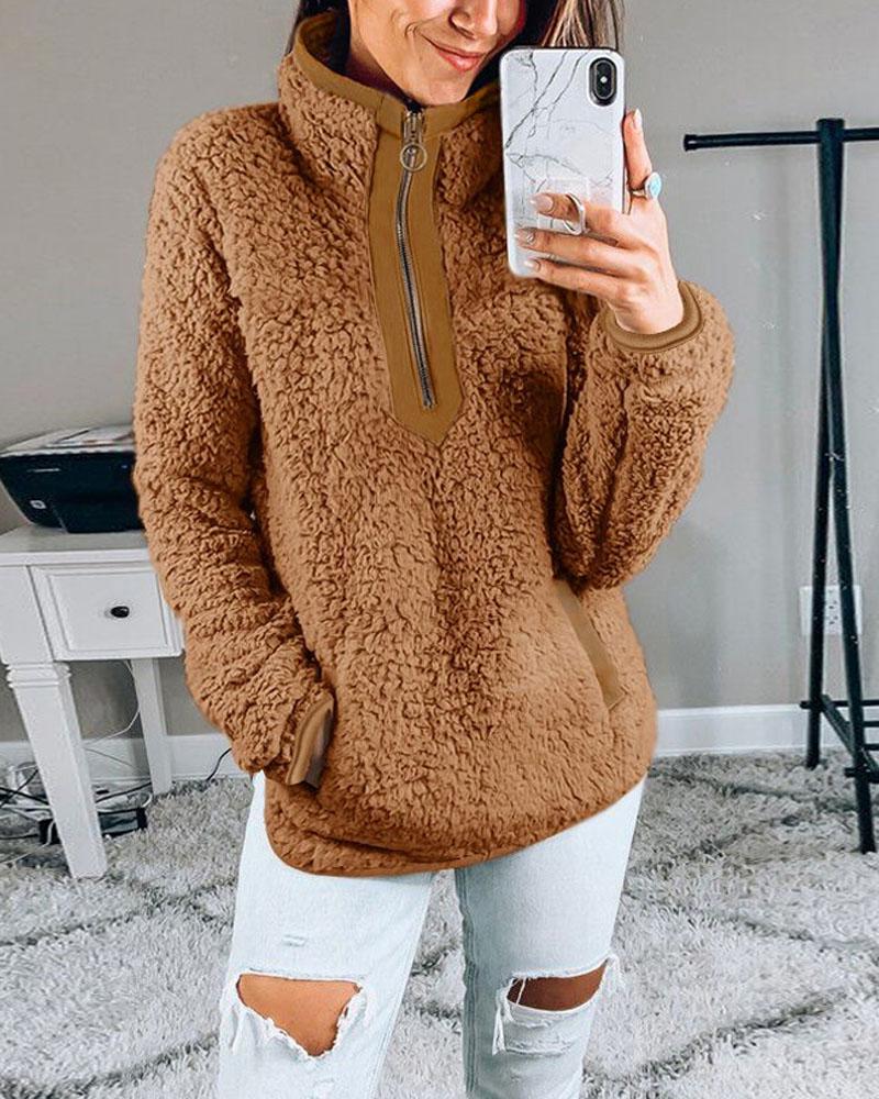

Zipper Front Pocket Detail Teddy Sweatshirt, Coffee