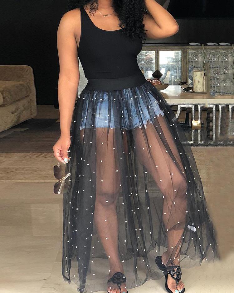 

Beading Mesh Splicing Pleated Maxi Women dress, Black