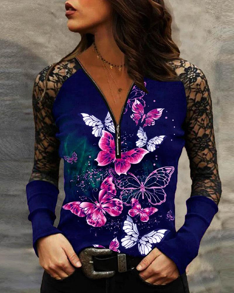 

Butterfly Print Contrast Lace Zip Front Top, Blue