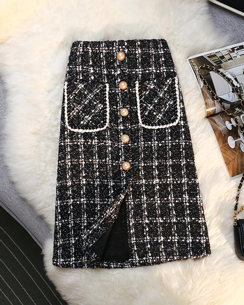 

Tweed Slit Pocket Design Zipper Design Skirt, Black