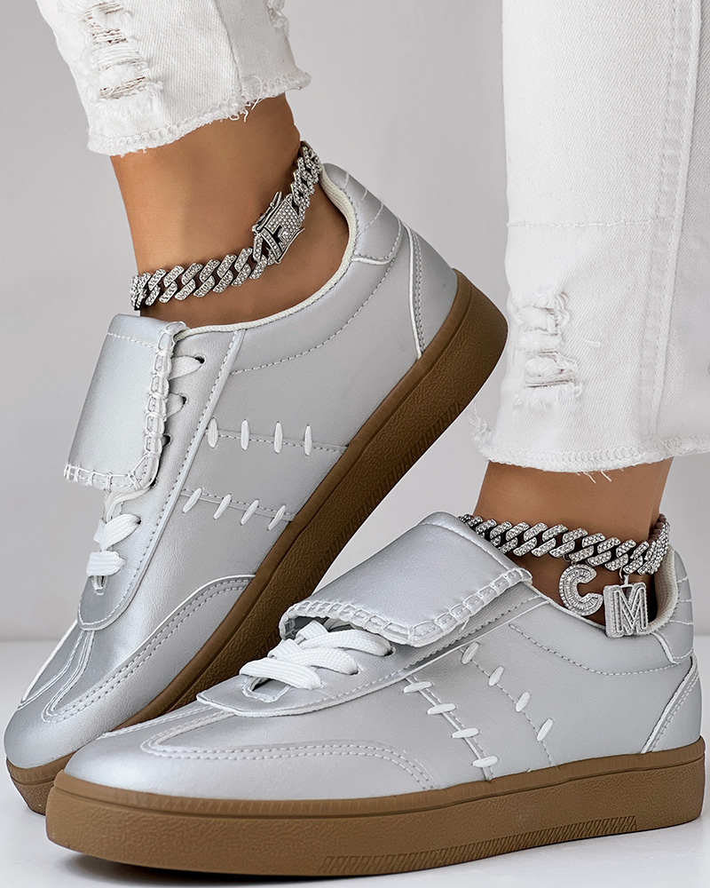 

Colorblock Round Toe Lace-up Casual Sneakers, Silver