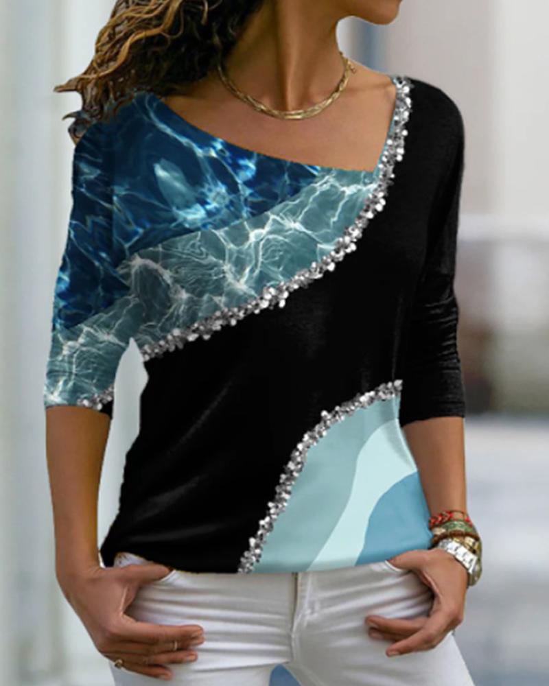 

Colorblock Geometric Print Casual Top, Blue