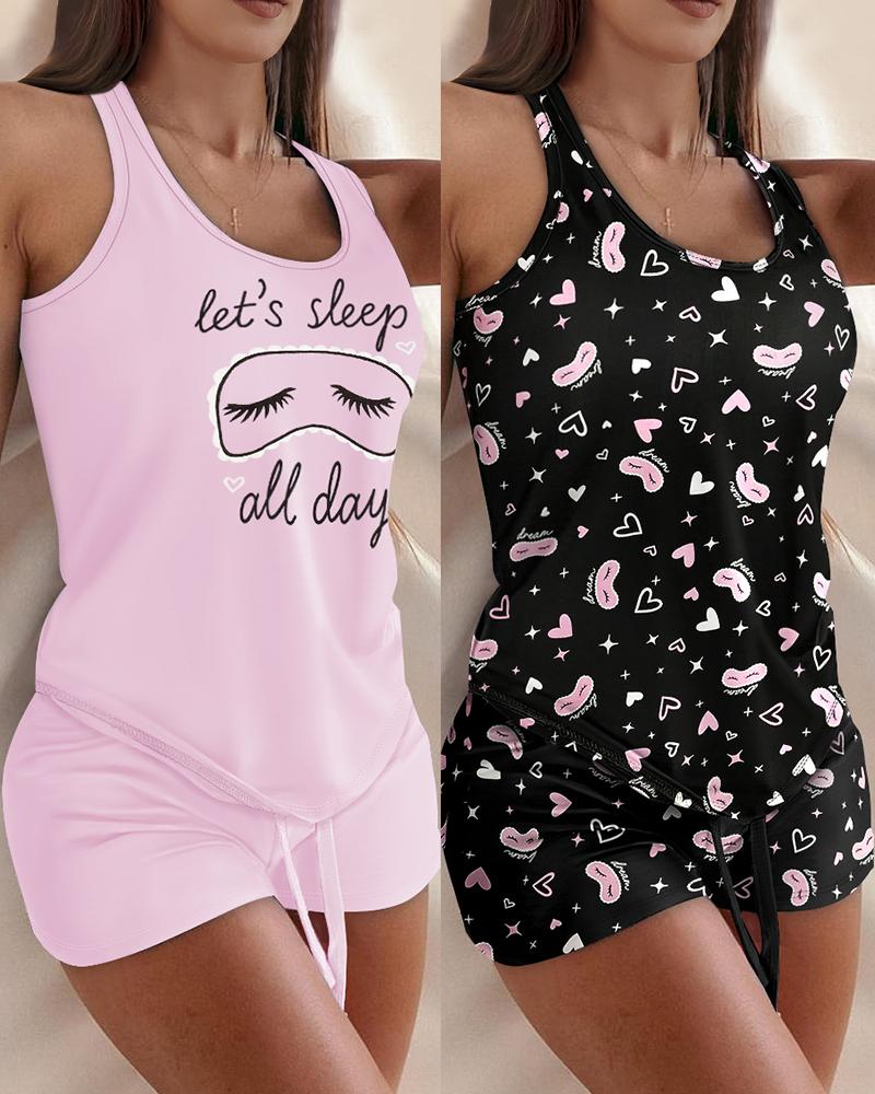 

2PCS Pajamas Sets Floral Print U Neck Sleeveless Tank Top and Casual Drawstring Shorts Set, Pink